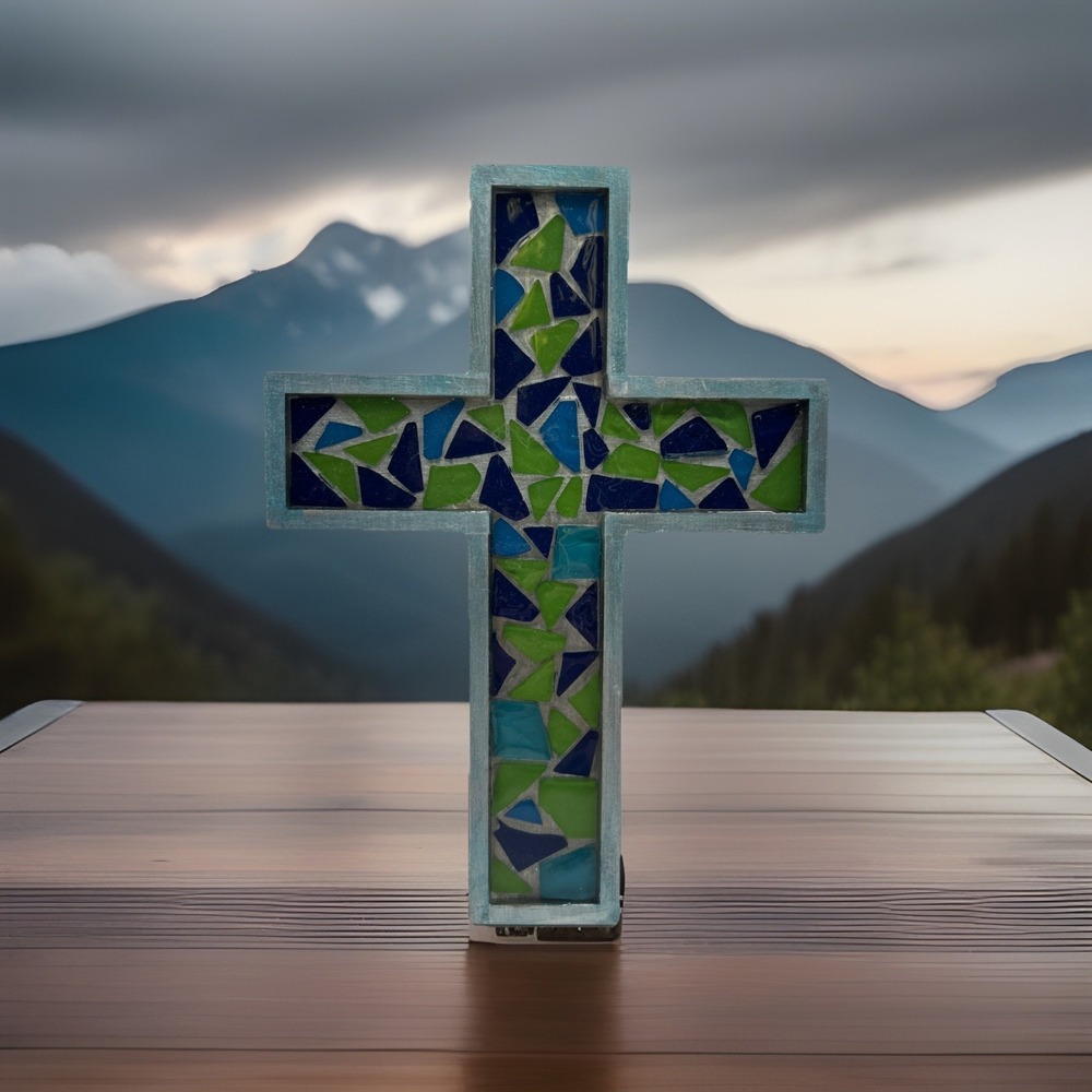 Handcrafted Mosaic Glass Wall Cross Blue Green Christian Decor Art Hanging